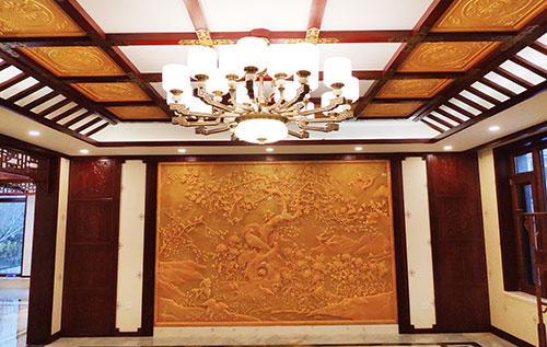 连江中式别墅客厅中式木作横梁吊顶装饰展示