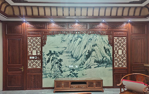 连江中式仿古别墅客厅背景墙花格木作装饰